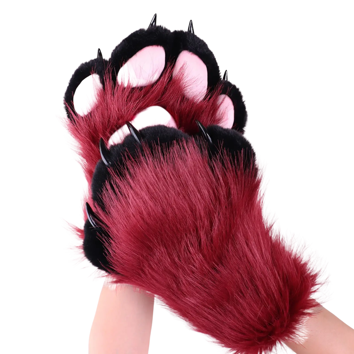 Faux fur red and black cat claw gloves with pink paw pads and sharp black spikes for comfortable fit cosplay use
