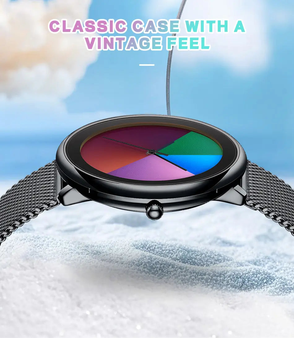 Lige women rainbow dial quartz watch with a black mesh strap and a colorful segmented dial in a classic case design.