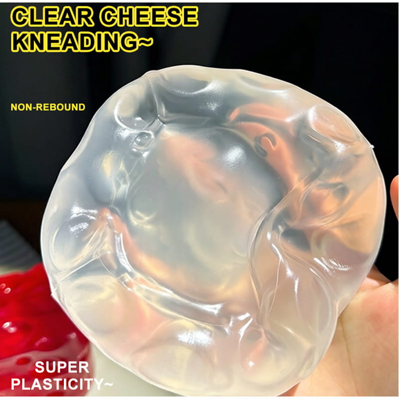 Ein transparentes, gelartiges farbenfrohes Vaseline-Käse-Quetschspielzeug mit glatter Oberfläche, die leicht glänzend ist, sowie unregelmäßigen Faltungen, aus einem Frontwinkel dargestellt.