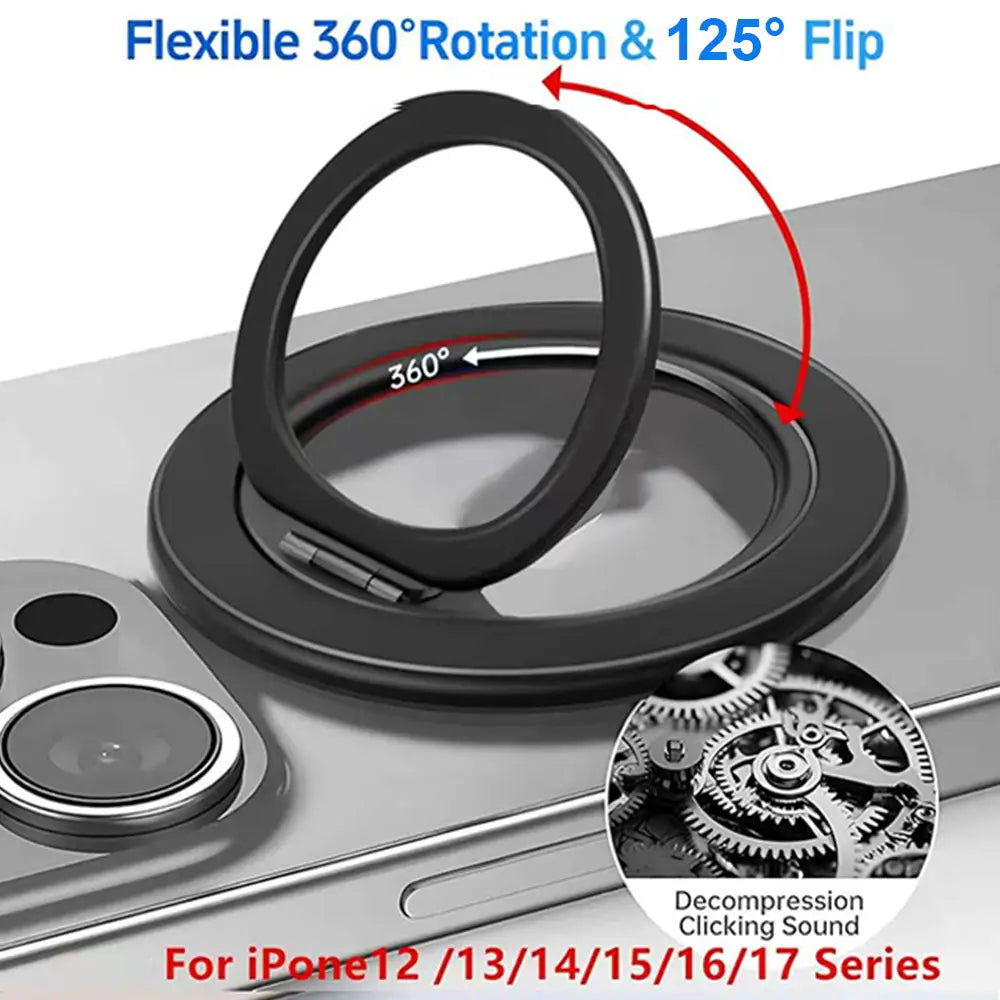 Portateléfono magnético flexible y anillo para los dedos negro, con rotación de 360 grados y capacidad de giro de 125 grados para una manipulación segura y mayor comodidad.