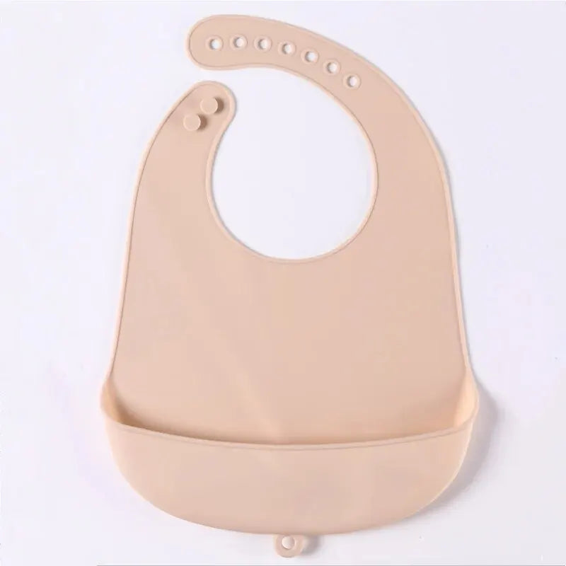 The baby feeding bib is made of silicone and has a water-resistant design. It is suitable for feeding purposes.