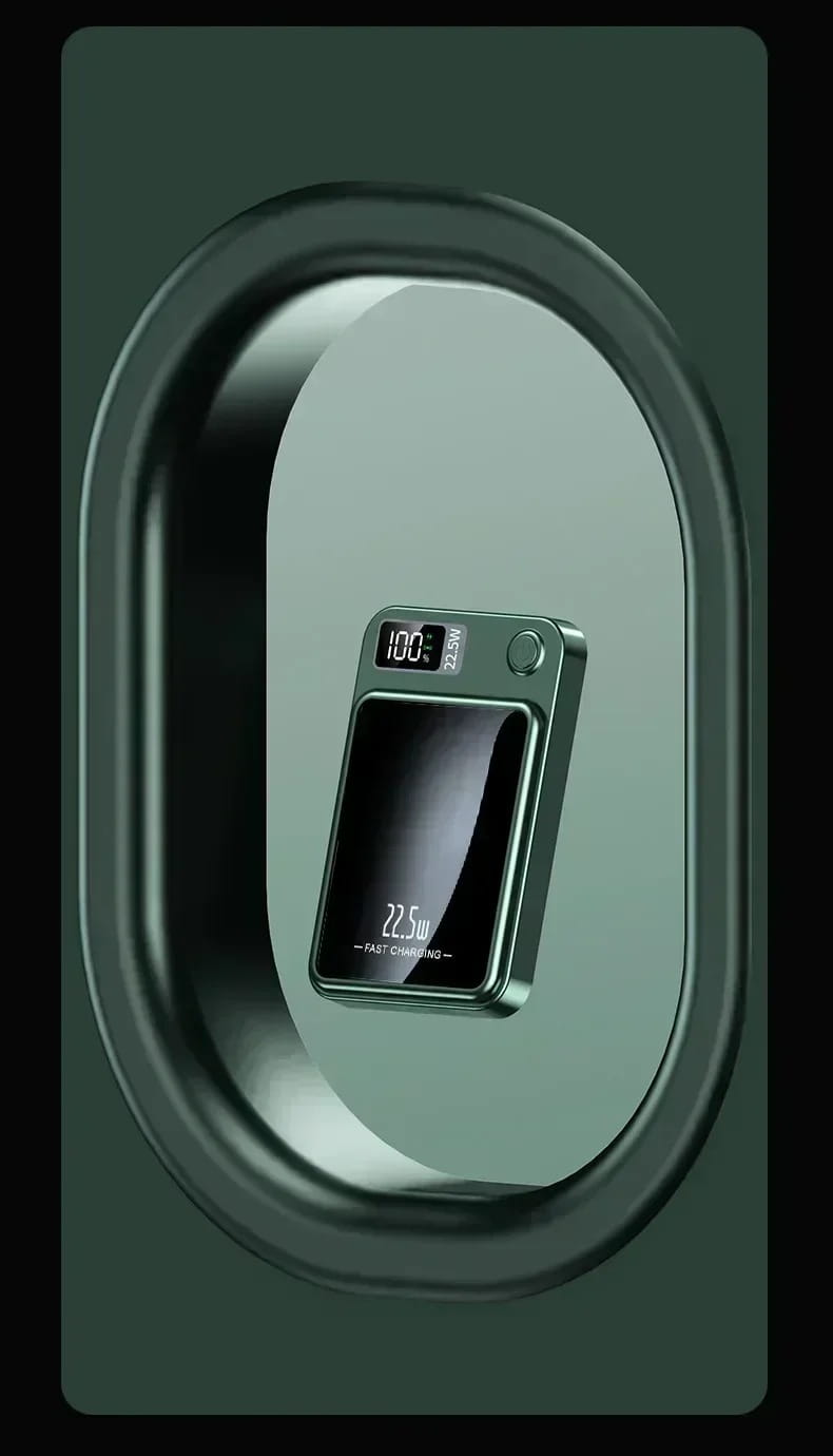 Chargeur d’alimentation magnétique vert foncé élégant avec affichage numérique indiquant 100 pour cent de charge et le texte de charge rapide 22,5 W, mettant en avant ses fonctions de sécurité avancées.