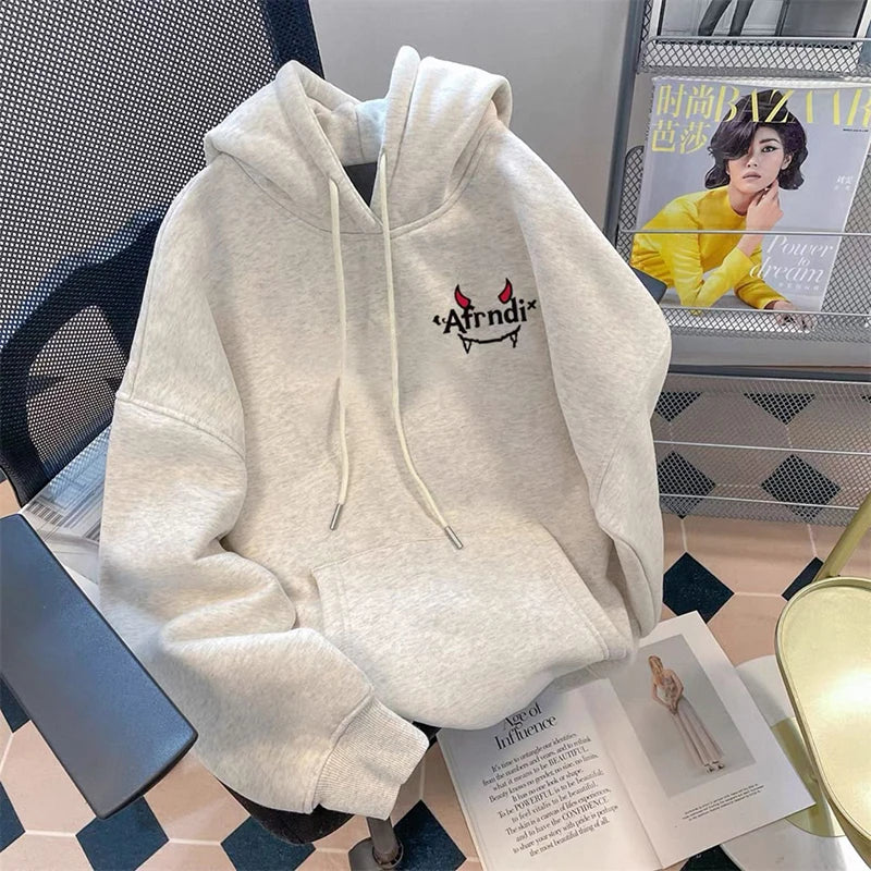 Cute Loose Hoodies Women Thick Warm Long Sleeve High Street Sweatshirts Fall Lazy Wind Female Casual White Gray Outwear Tops New