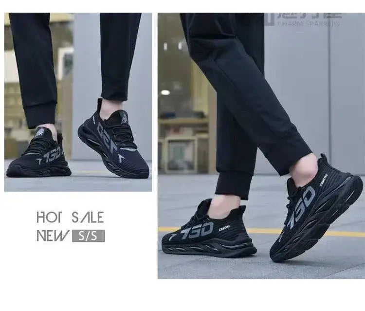Chaussures de sport décontractées à enfiler pour hommes, respirantes pour la course, en noir, avec marquage 730 audacieux et semelle épaisse rembourrée pour un confort et un maintien renforcés.