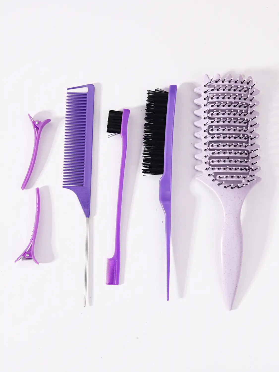 Cepillo para el cabello de plástico morado con cerdas negras y mango cónico, del conjunto de cepillos de peinado y desenredado de plástico de 6 piezas.