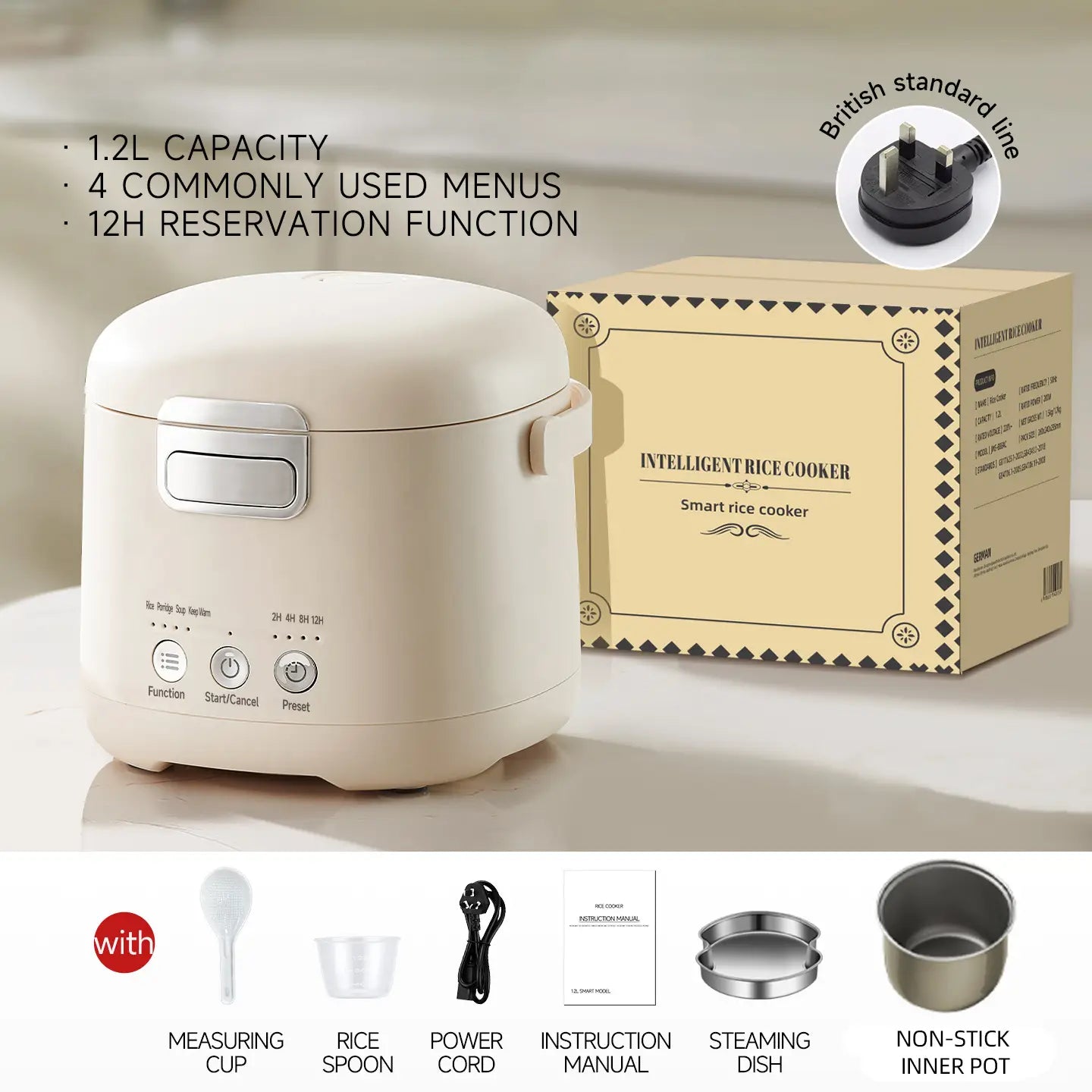Zemkon 1,2-l Smart-Elektro-Reiskocher in Creme mit elegantem, abgerundetem Design und silbernem Bedienfeld.
