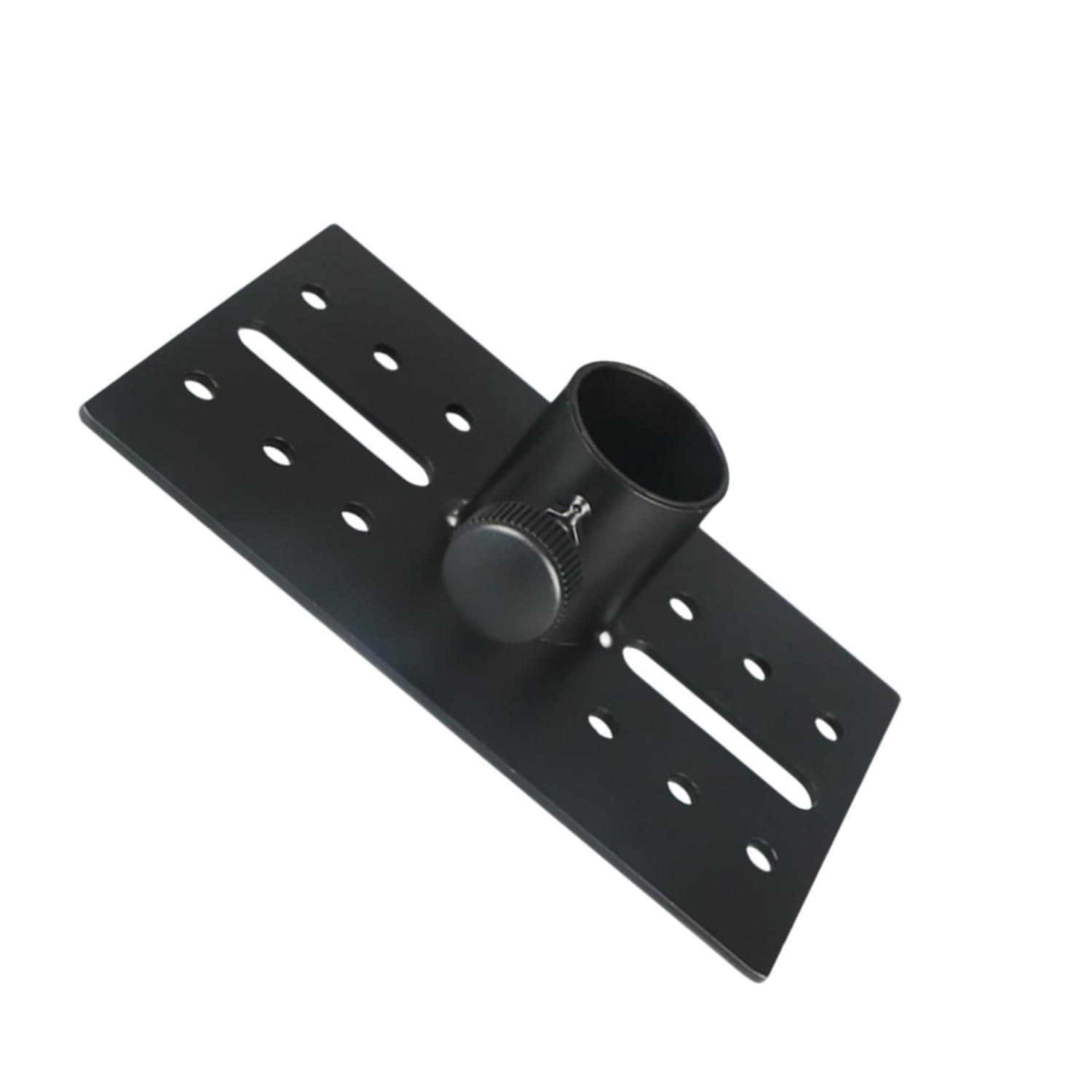 Adapter für Lautsprecherständer aus schwarzem Metall mit zylindrischer Klemme und verstellbarem Winkel des Tabletts mit Einstellknopf
