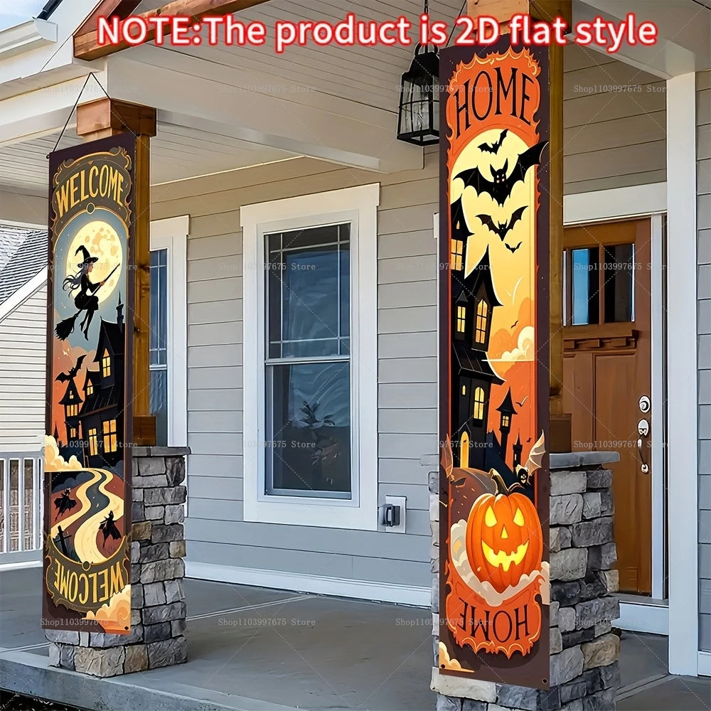 Happy Halloween Banner Pumpkin Ghost Trick or Treat Couplets Party Decorations Porch Sign Indoor Outdoor Wall Hanging Background