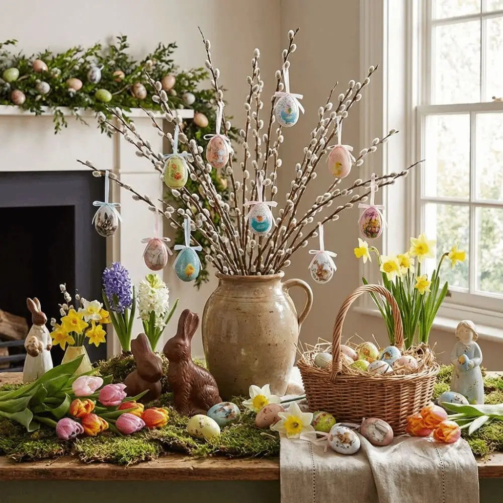 une cruche rustique en céramique beige avec une anse, remplie de branches de saule, ornée d’œufs de Pâques en mousse suspendus, décoration artisanale florale.