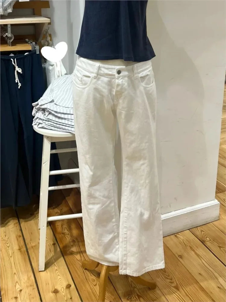 Simple Basic White Jeans Women Summer Back Pockets Cotton Straight Denim Long Pants Female Casual Vintage All-match Trousers Y2K