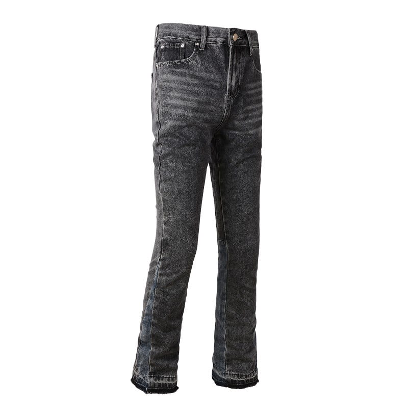 Men flare jeans distressed dark gray denim trousers featuring a straight-leg cut and frayed hems.