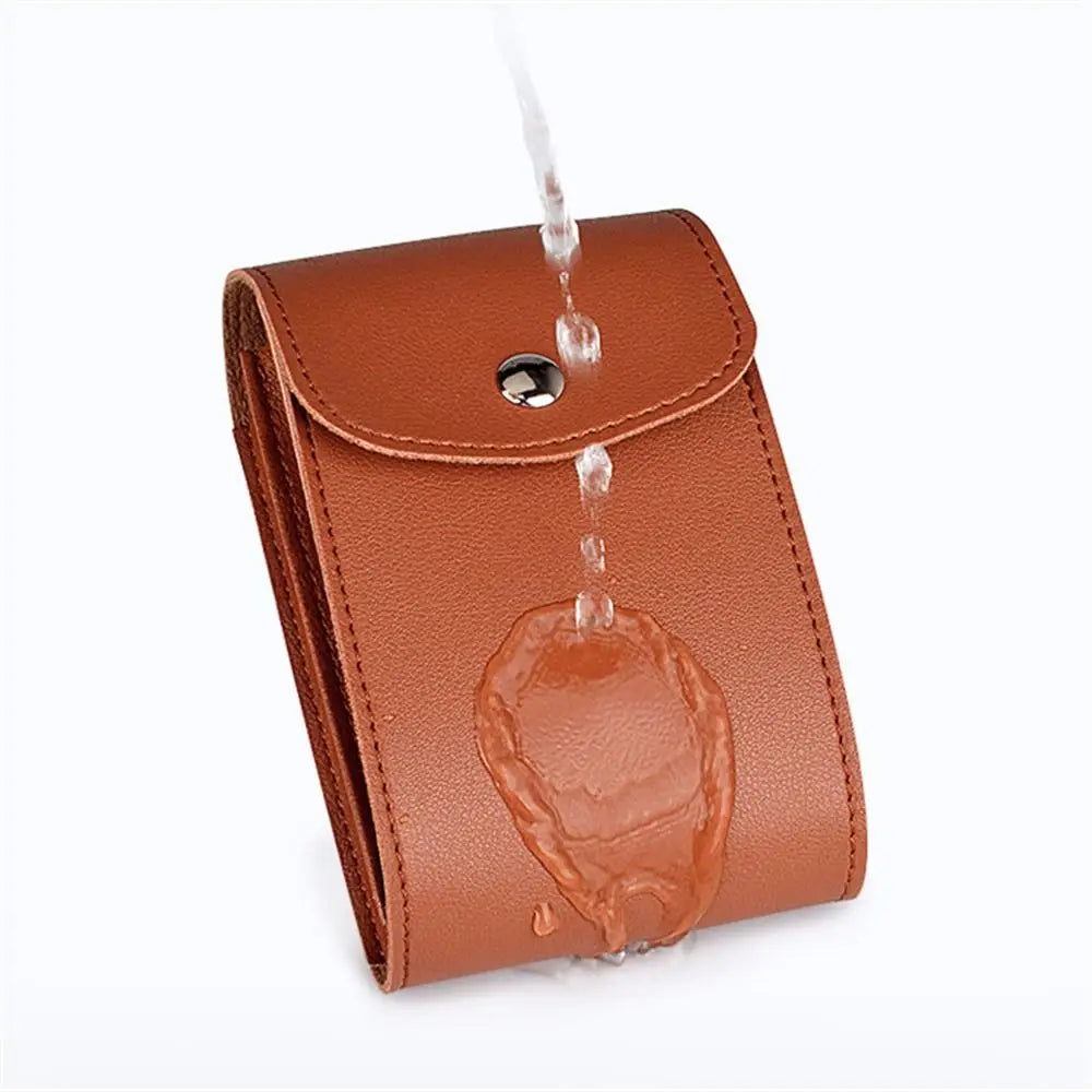 brown pu leather digital storage bag portable cable organizer with silver snap button closure displayed from the back side