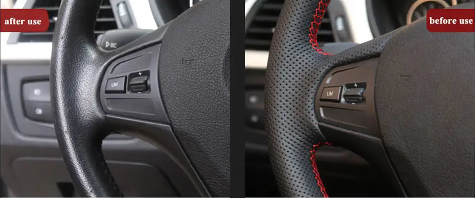 Funda para volante Audi hecha de cuero negro perforado con costuras rojas, diseñada para mejorar el agarre y el estilo.