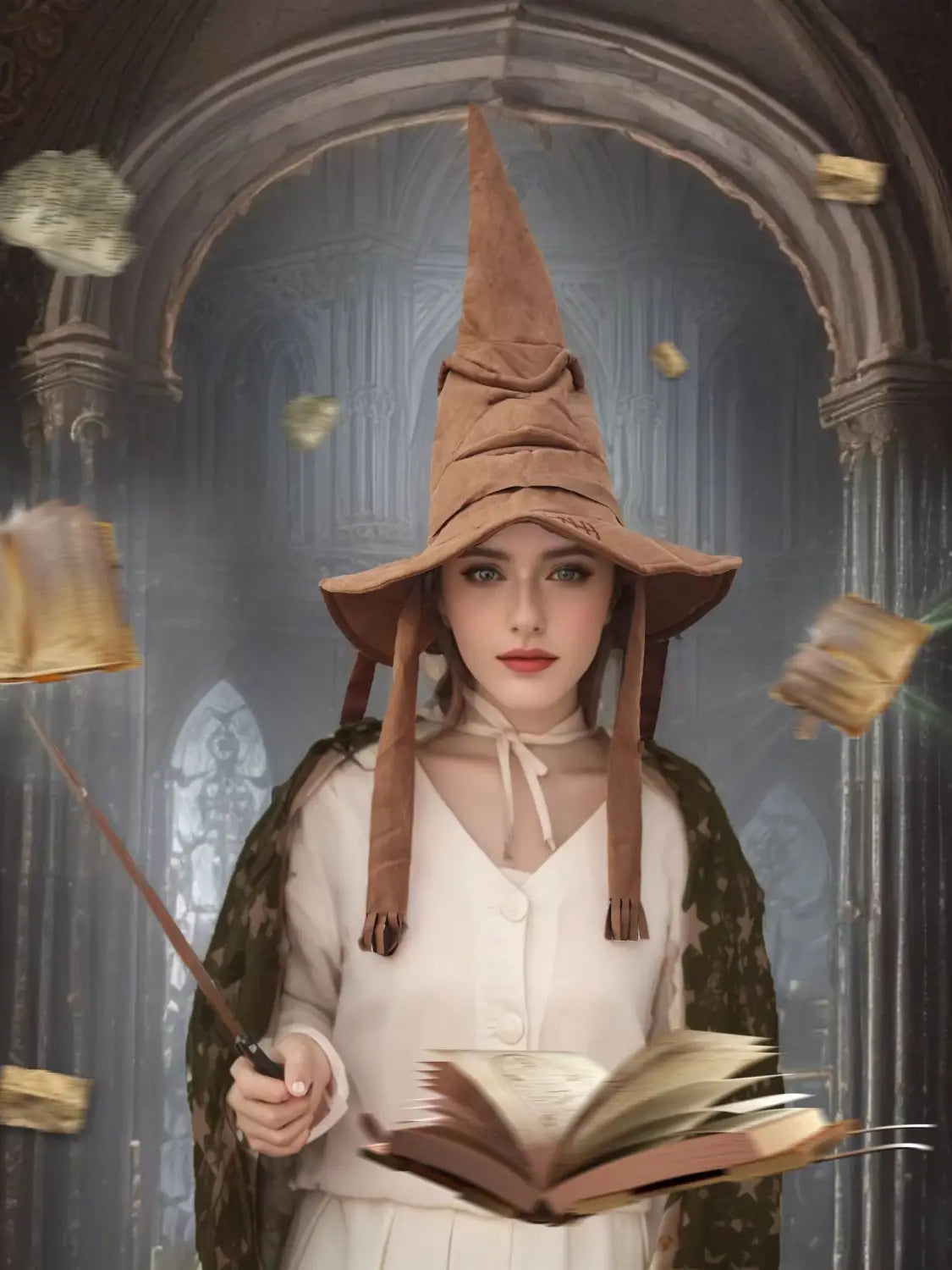 Sombrero de bruja de ante marrón tipo clasificación, con ala puntiaguda en la punta y flecos con borlas, con lazo anudado en el cuello para disfraces de Halloween, mostrado desde el lado posterior