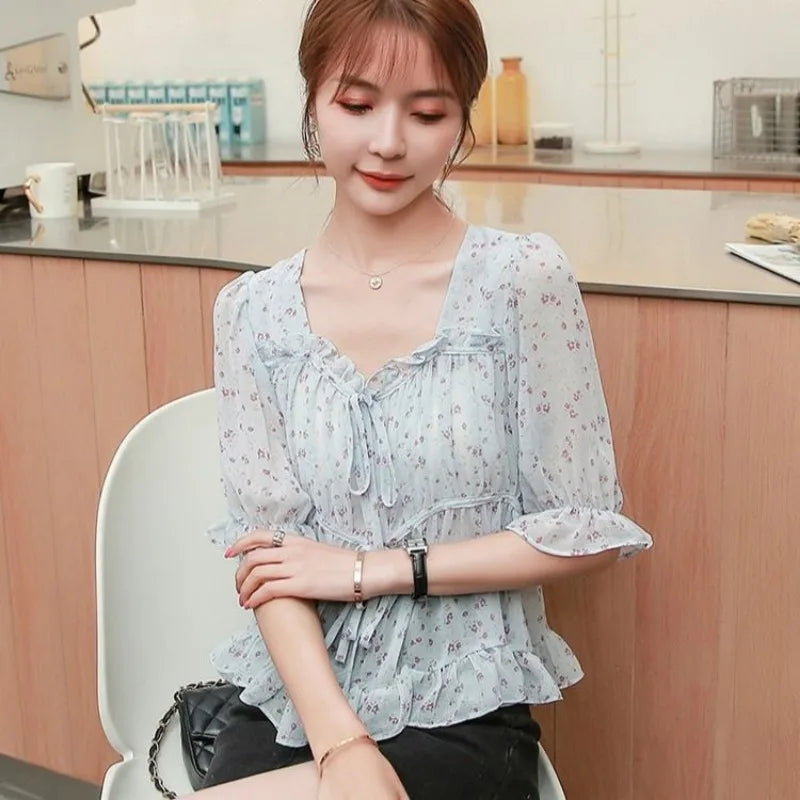 Shirts & Blouses for Women Simple Woman Top Ruffleswith Print New Collection 2025 Fashion Korea Stylish Summer Novelties M Tall