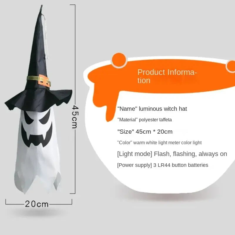 Décoration d’Halloween suspendue en forme de fantôme à DEL, comprenant un chapeau de sorcière lumineux noir et blanc en taffetas de polyester, avec une ceinture de couleur or et des lumières à DEL de couleur mètre à lumière blanche chaude.