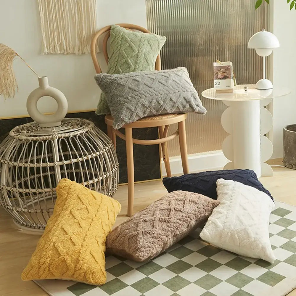 Set of cozy plush geometric throw pillow covers in mustard yellow beige navy blue and white featuring a textured diamond knit pattern measuring 45x45cm.