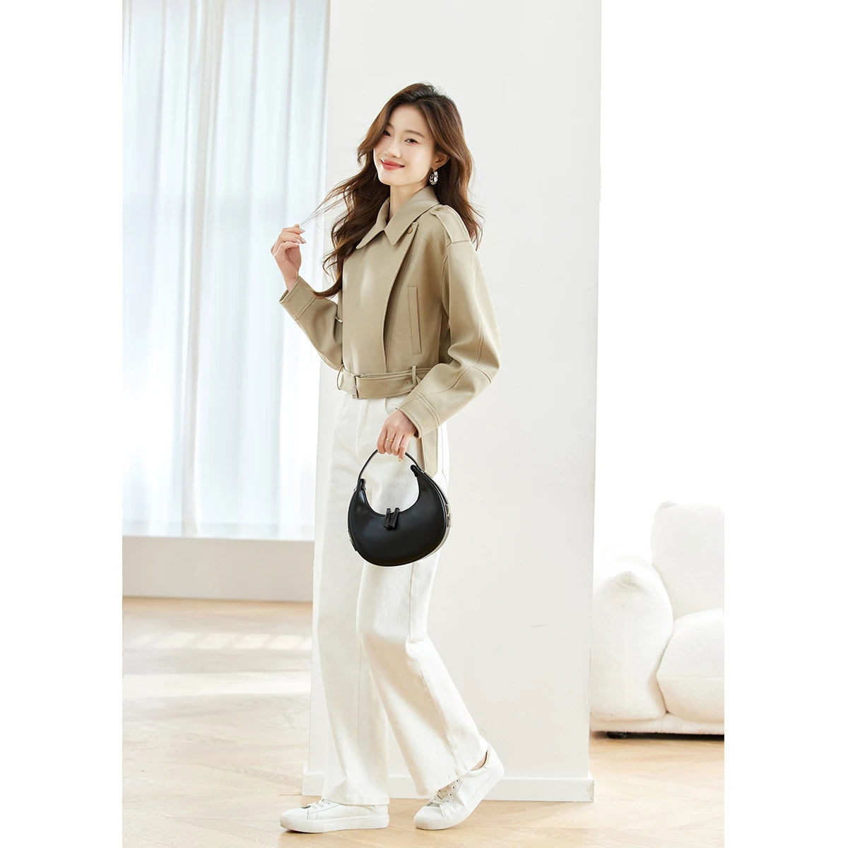 Women's Short Trench Coat Autumn 2026 Single Buttom Belted Turn-Down Collar Jackets Casual Fashion Versatile Outerwear 16698