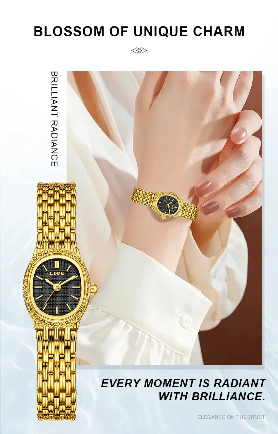 Lige women gold quartz watch featuring a gold-tone case, black textured dial, and intricate gold mesh bracelet.