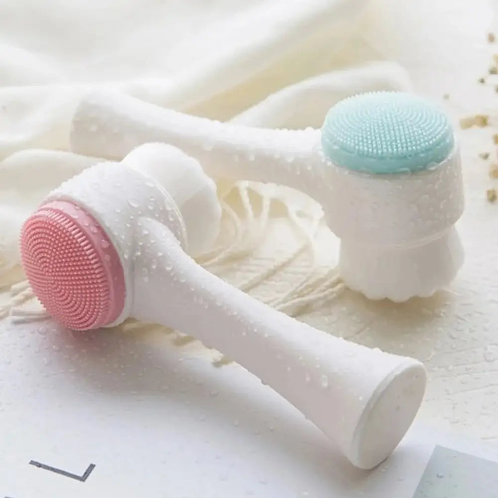 Two pet paw cleaner silicone grooming brushes with white handles and pink and light blue silicone fiber bristles for gentle pet paw cleaning.