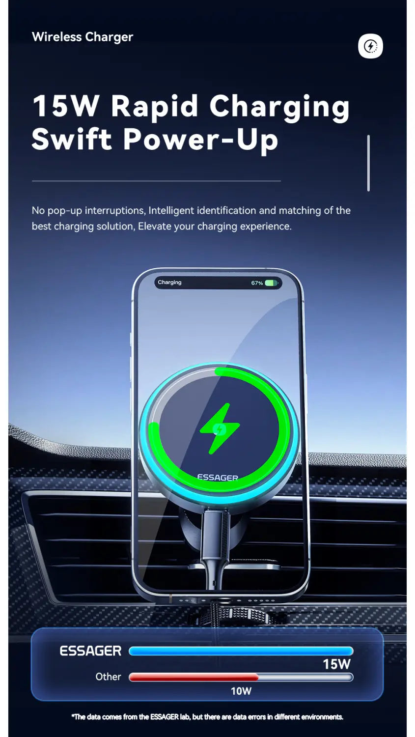 Essager 15w magnetic wireless car charger mount with a sleek circular design and a glowing green lightning bolt indicator for rapid charging.