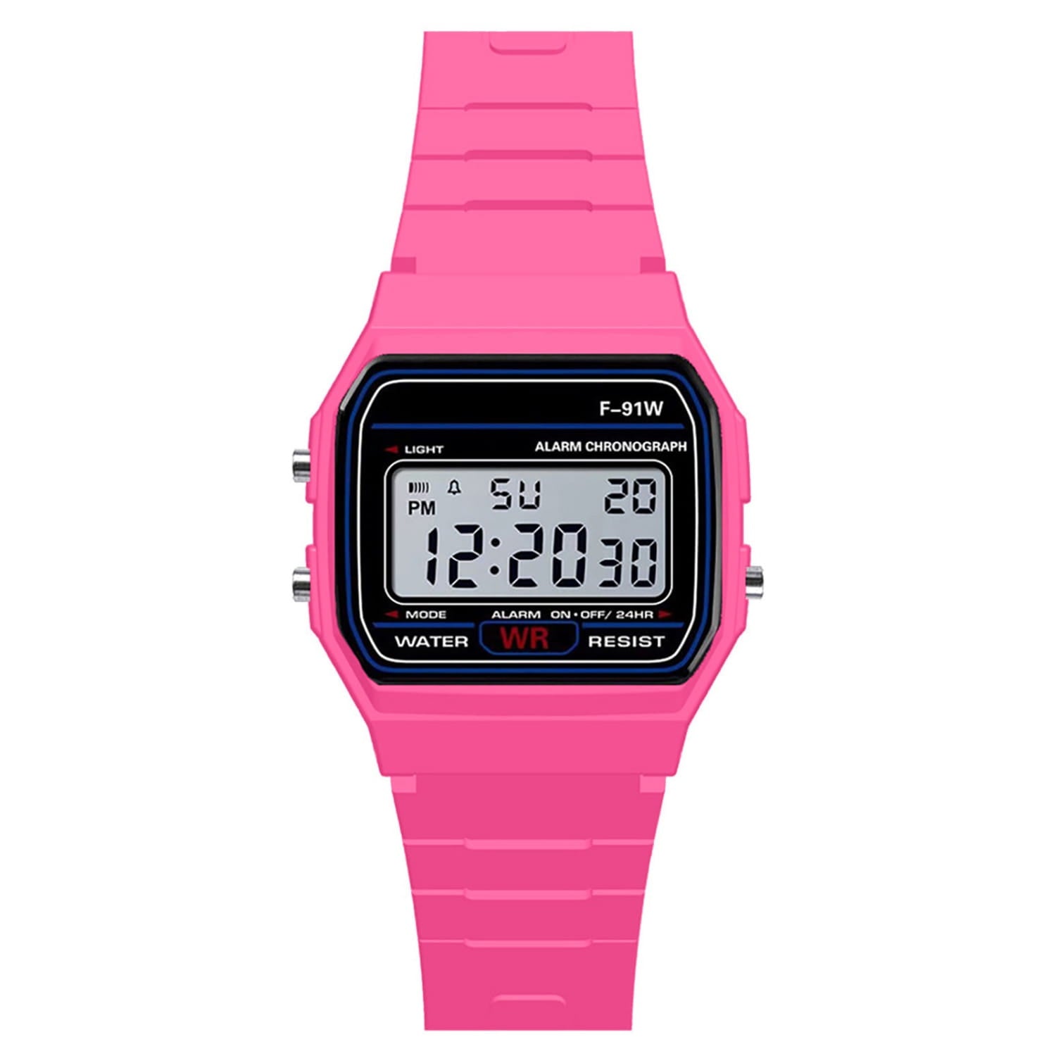 Reloj deportivo digital vibrante rosa para hombres con esfera LED rectangular y correa de silicona a juego, diseñado para uso militar impermeable.