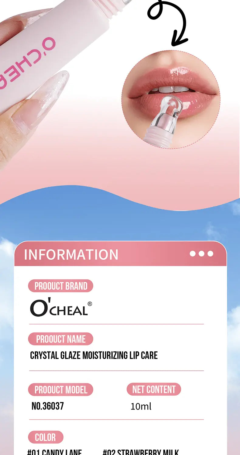 A sleek white tube of Ocheal crystal glaze hydrating fruit flavored glossy lip balm with a silver rollerball applicator, available in Candy Lane and Strawberry Milk shades.
