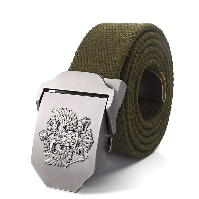 Ceinture tactique en toile d’aigle russe vert olive pour hommes : elle comporte une boucle en métal à finition ton argent avec un emblème d’aigle bicéphale en relief.