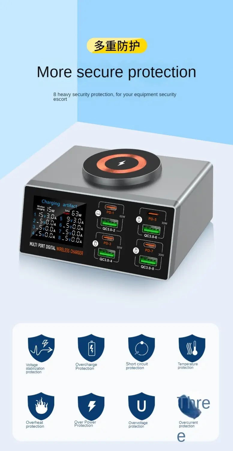 Cargador de escritorio de carga rápida multifunción plateado con pantalla digital, que incorpora una almohadilla de carga inalámbrica circular y varios puertos USB; admite protocolos de carga rápida para una entrega de energía eficiente de los dispositivos.