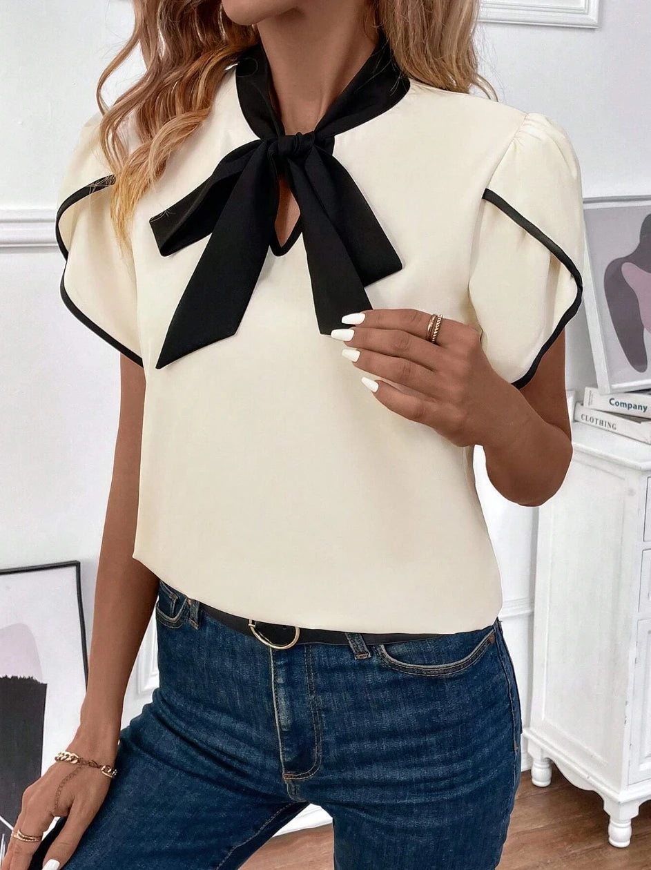 Women's Chic Basic Blouse Spring Summer Cream White Black Bow Tie Neck Puff Short Sleeve Valentine's Day Elegant Office Wear Top