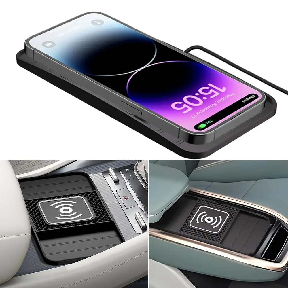 Schwarzes 15-W-Schnelllade-Wireless-Car-Ladepad mit strukturierter Oberfläche und integriertem Kabelmanagement-Schlitz.