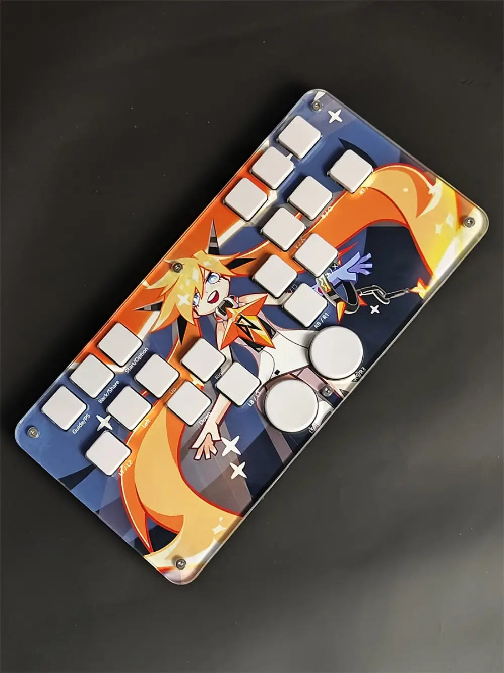 A vibrant djmax mechanical gaming keyboard with a blue and orange anime-themed design featuring white square keys, a left joystick for joystick moves, and a data cable for connectivity.