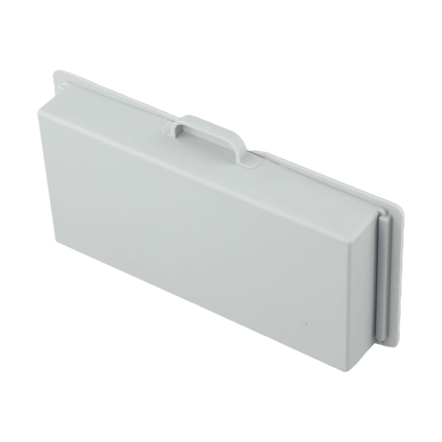 Boîte de rangement en plastique rectangulaire gris clair pour tiroir sous bureau, en ABS, avec poignée moulée sur le dessus et fermetures latérales à encliquetage.