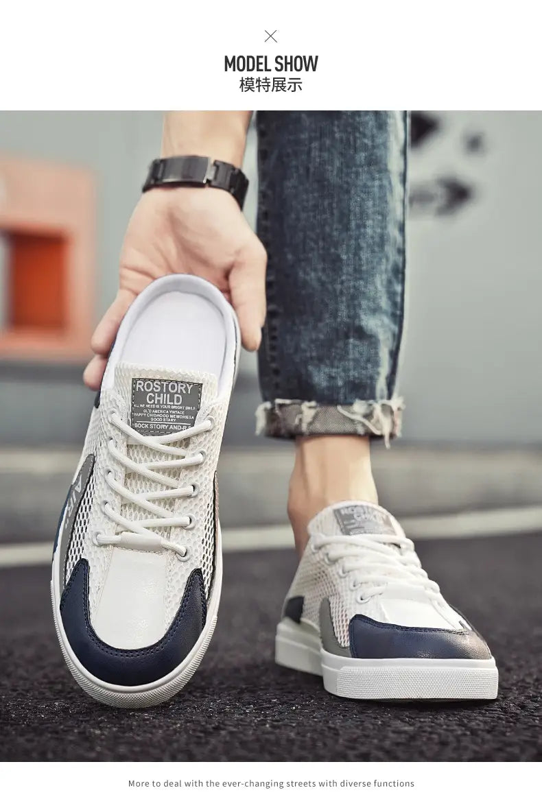 Baskets de marche décontractées en mesh respirant pour hommes, en blanc et bleu marine, avec un design bas avec empiècements en mesh et en cuir, offrant un aspect moderne et épuré
