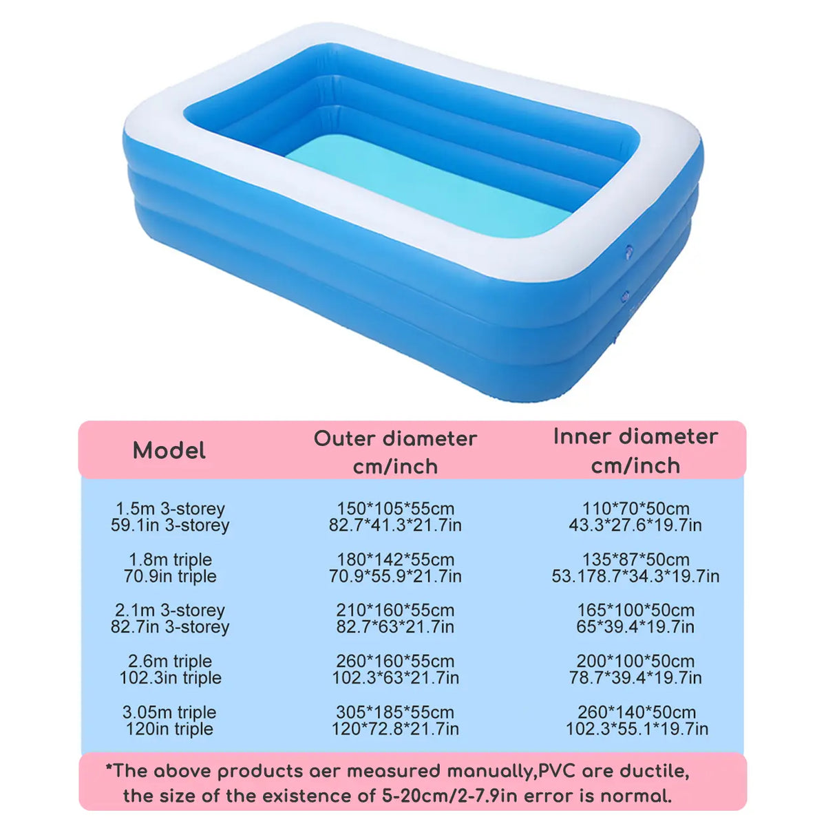 1-Piece Blue Rectangular Inflatable Family Pool, Swimming Pool, Outdoor Recreation, Beach, Party
