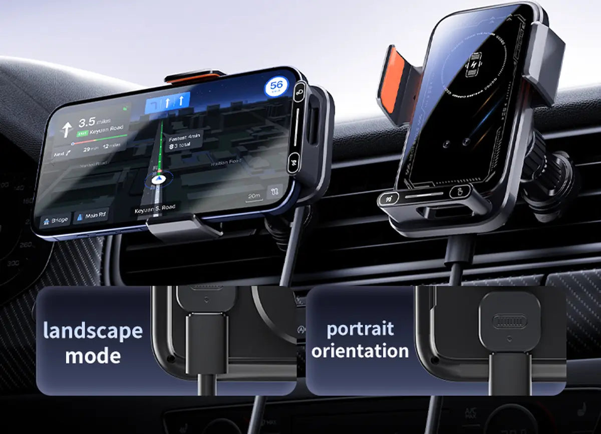 black smartphone car mount featuring a magnetic clamping mechanism and a wireless charging pad designed for 15w fast charging in the wireless car phone charger 15w mount product.
