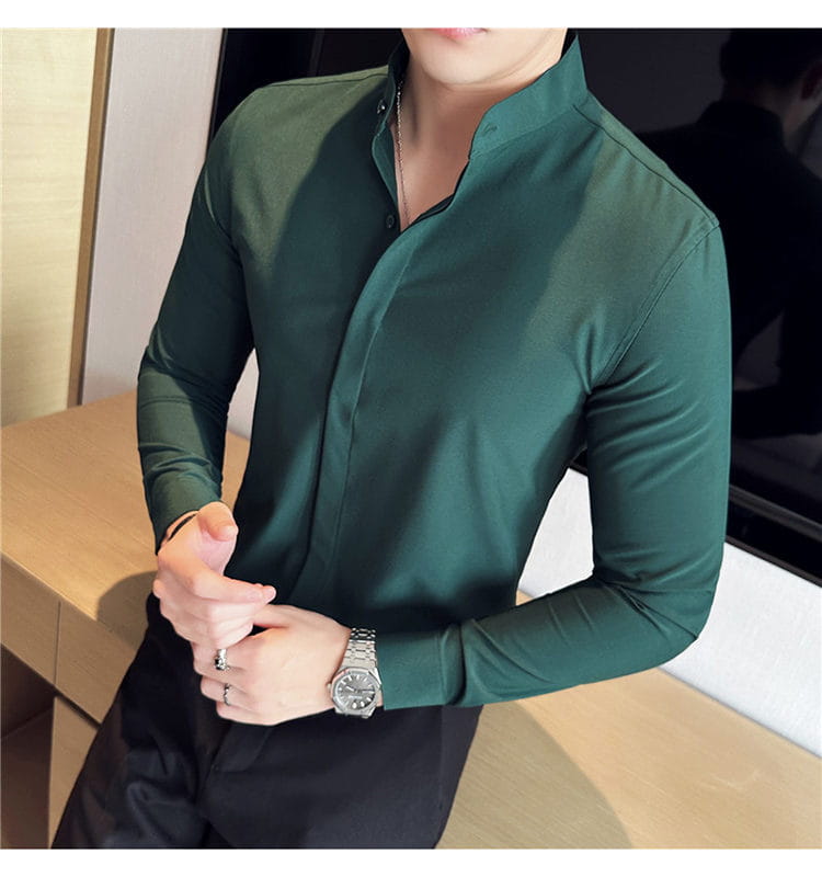 dark green slim fit men dress shirt with long sleeves and stand collar featuring a button-down front designed for formal wear and the correct size selection