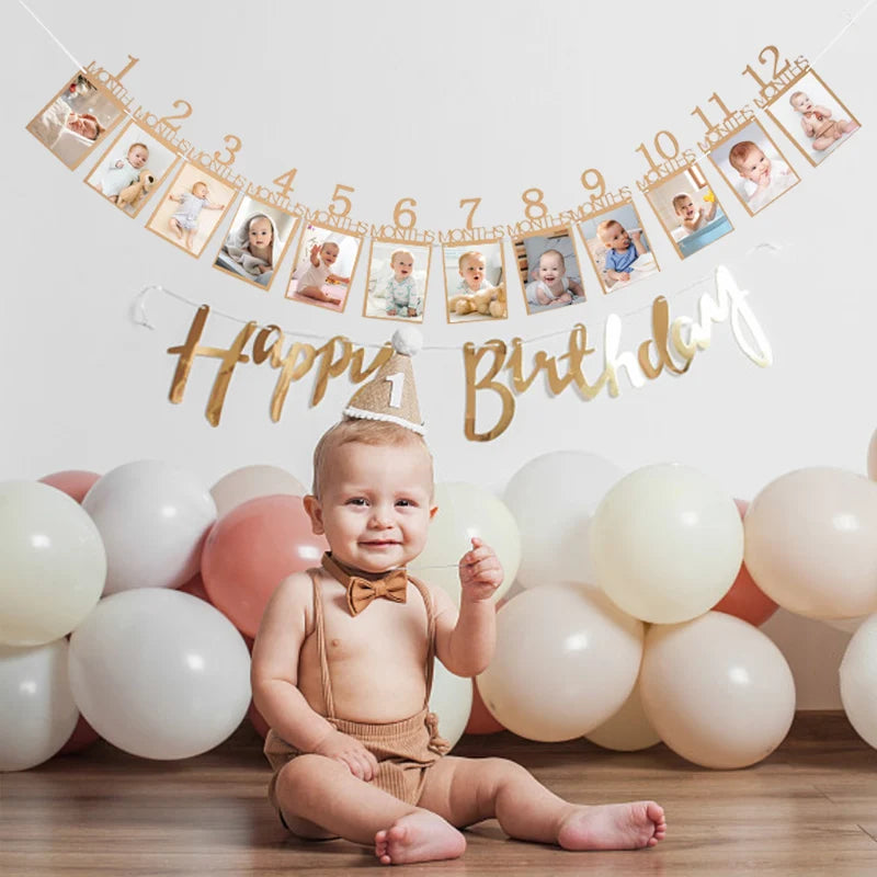 Birthday Baby One Year 12 Months Photo Banner Boy Girl 1 Year First Birthday Party Picture Photo Frame Garland Anniversary Decor