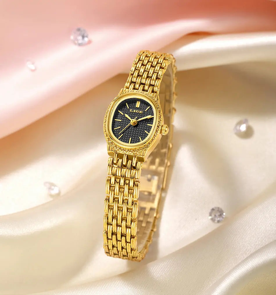 Lige women gold quartz watch featuring a gold-tone mesh bracelet and a black textured dial with gold hour markers.