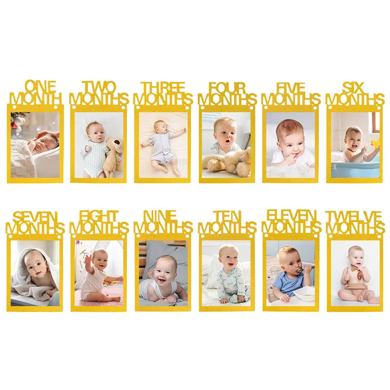 yellow plastic baby milestone photo frame set with numbered tabs for each month included in a 1st birthday photo banner monthly picture garland