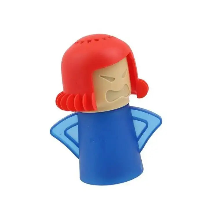 Infuseur de thé en silicone rouge et bleu, en forme de femme en colère au visage boudeur, aux cheveux rouges et aux ailes, conçu comme accessoire de femme en colère pour le nettoyage à la vapeur des micro-ondes.