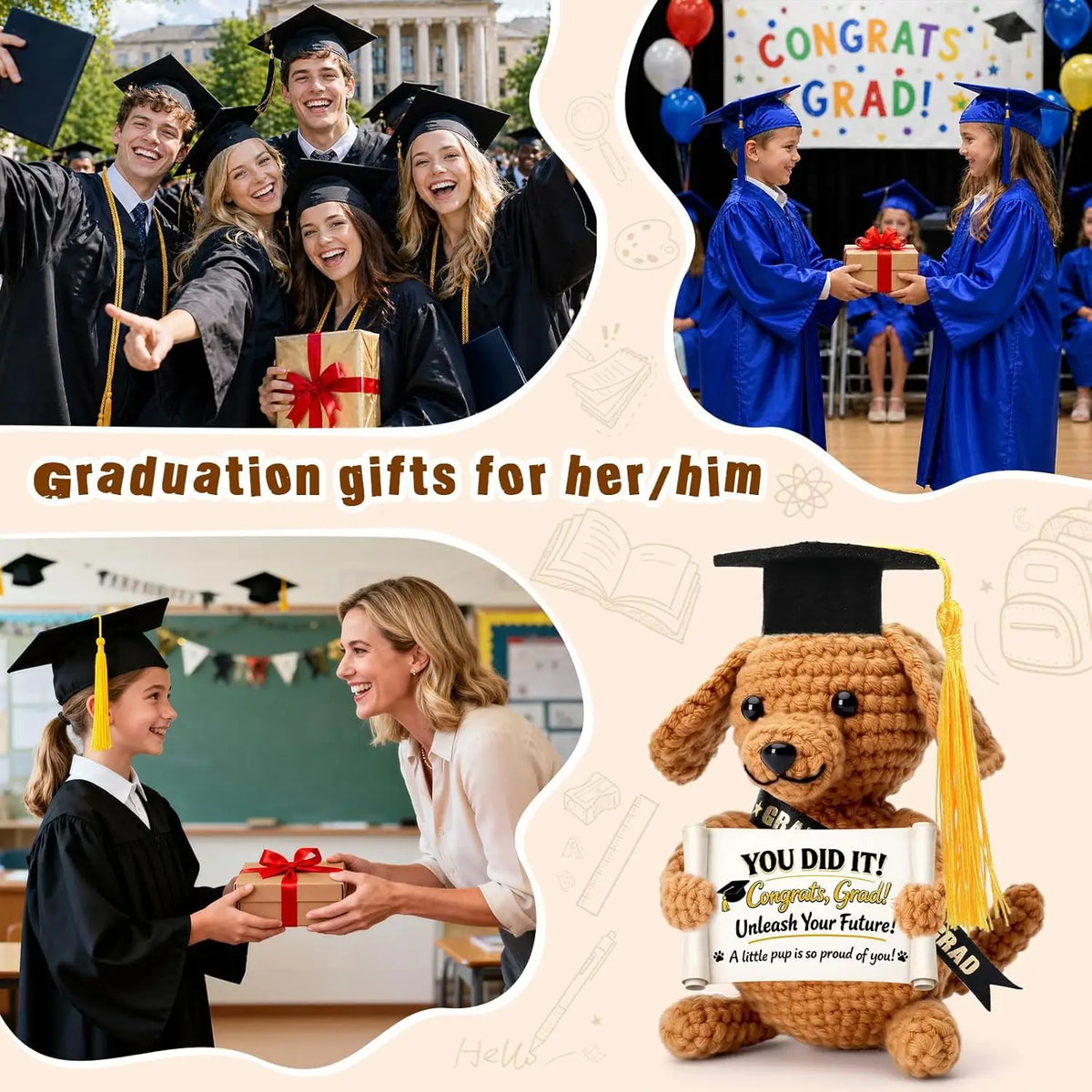 Graduation Crochet Gift Handmade Knitted Puppy Graduation Cap Positive Pocket Hug Animal Keepsake Graduate Congrats Grad Gift