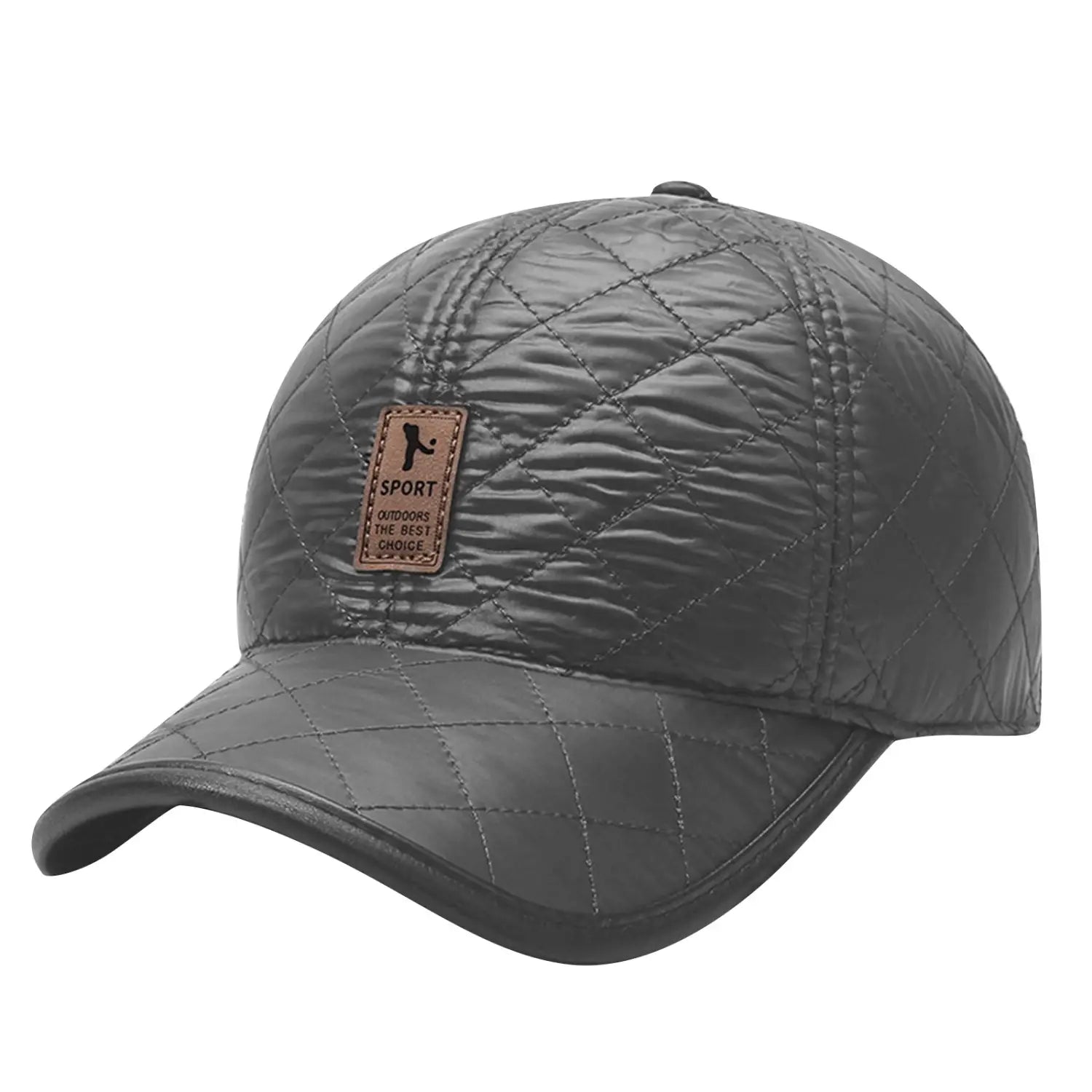 Casquette de baseball matelassée gris foncé avec un écusson en cuir marron et des rabats d’oreilles chauds, convenant comme bonnet de Noël.