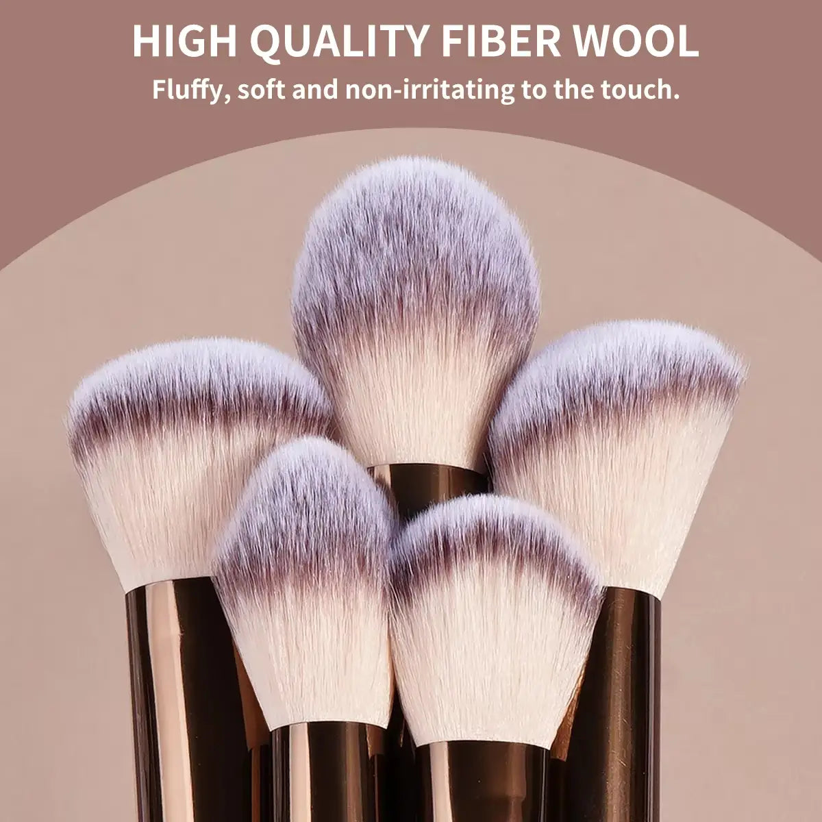 Set of five makeup brushes with fluffy gradient-colored fiber wool bristles transitioning from white to purple and sleek metallic handles from the Makeup Brush Set 13-piece professional cosmetic kit.