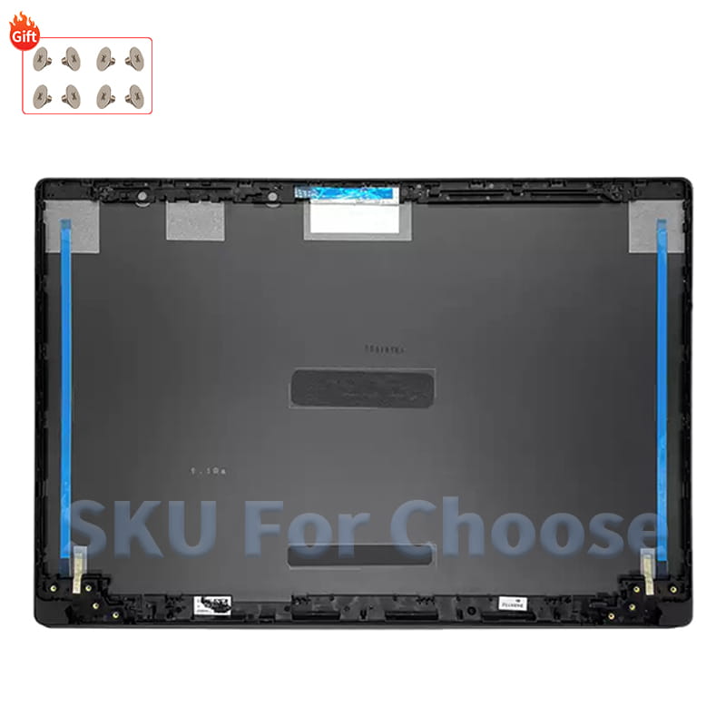 Panneau arrière en plastique noir pour boîtier de remplacement d’ordinateur portable Acer Aspire 5 A515, avec bandes adhésives bleues et une découpe rectangulaire centrale.