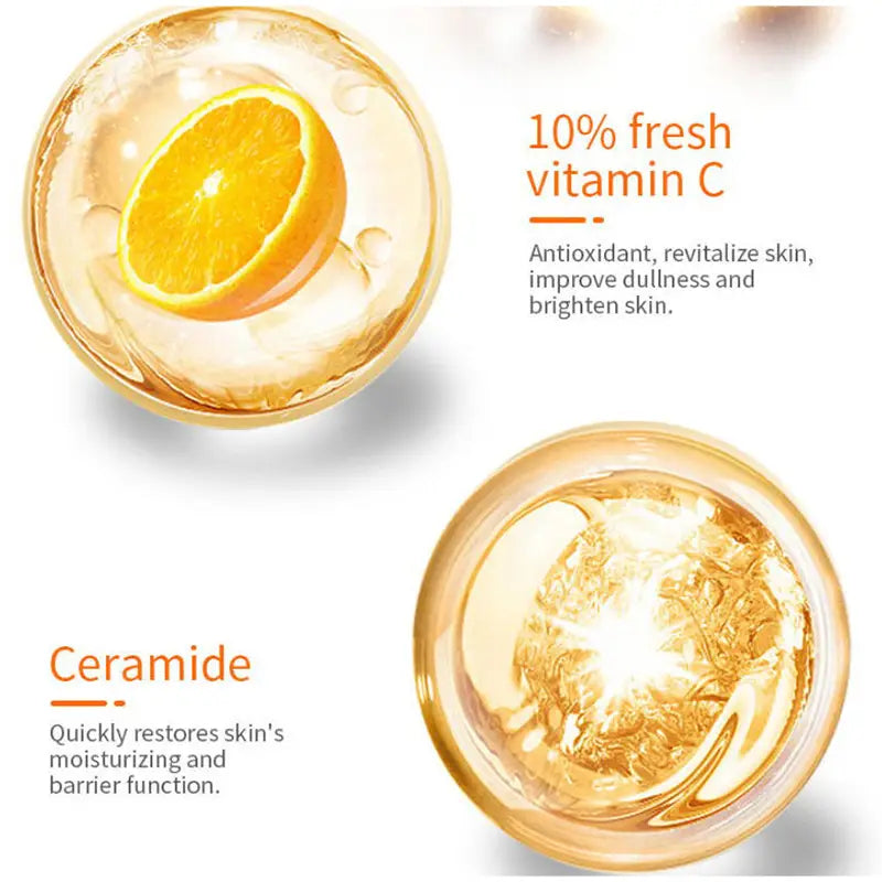 A golden-hued vitamin c brightening skincare serum in a clear glass jar with an orange slice illustration labeled with 10% fresh vitamin c for antioxidant benefits.