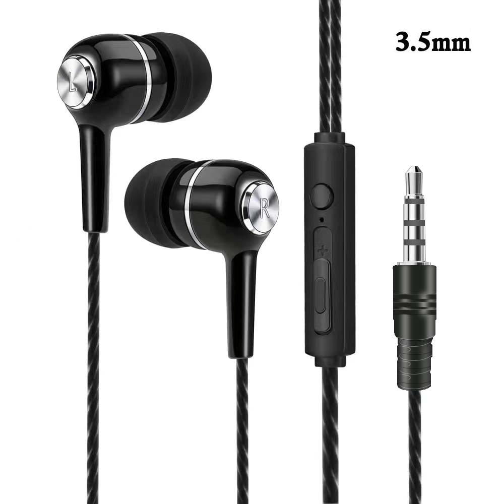 écouteurs filaires intra-auriculaires pour téléphone mobile noirs, avec anneaux d’accent argentés, prise audio jack 3,5 mm et module de commande par microphone intégré au câble.