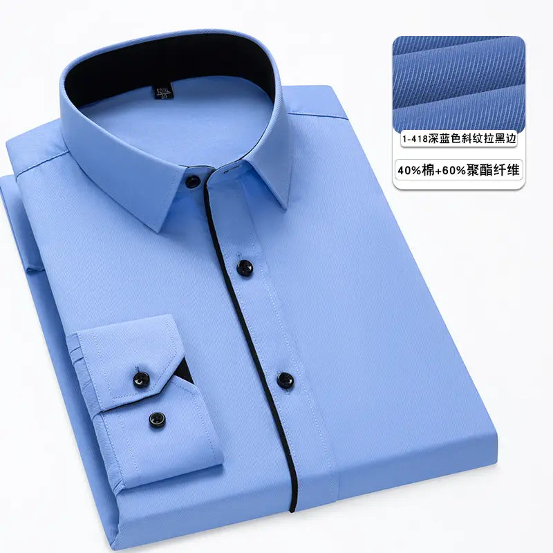 Men plus size cotton long sleeve formal dress shirt in light blue with subtle diagonal ribbed texture black trim on collar and placket and matching black buttons.