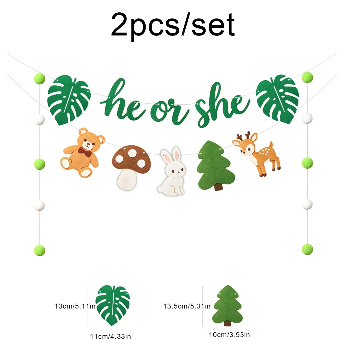 A charming baby gender reveal bunting banner party decoration featuring green brown white and tan felt cutouts of animals and plants.