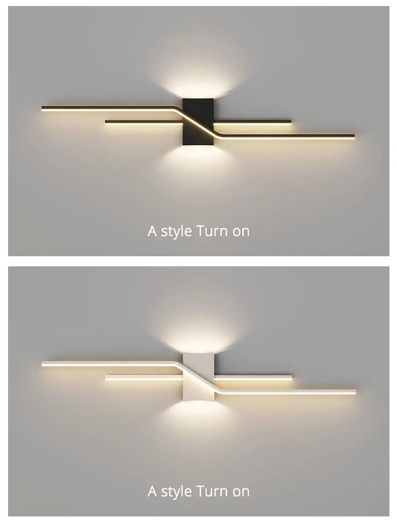 Aplique de pared LED minimalista con luz de tira moderna, con elegantes brazos metálicos negro o blanco e iluminación LED integrada para una iluminación interior contemporánea.